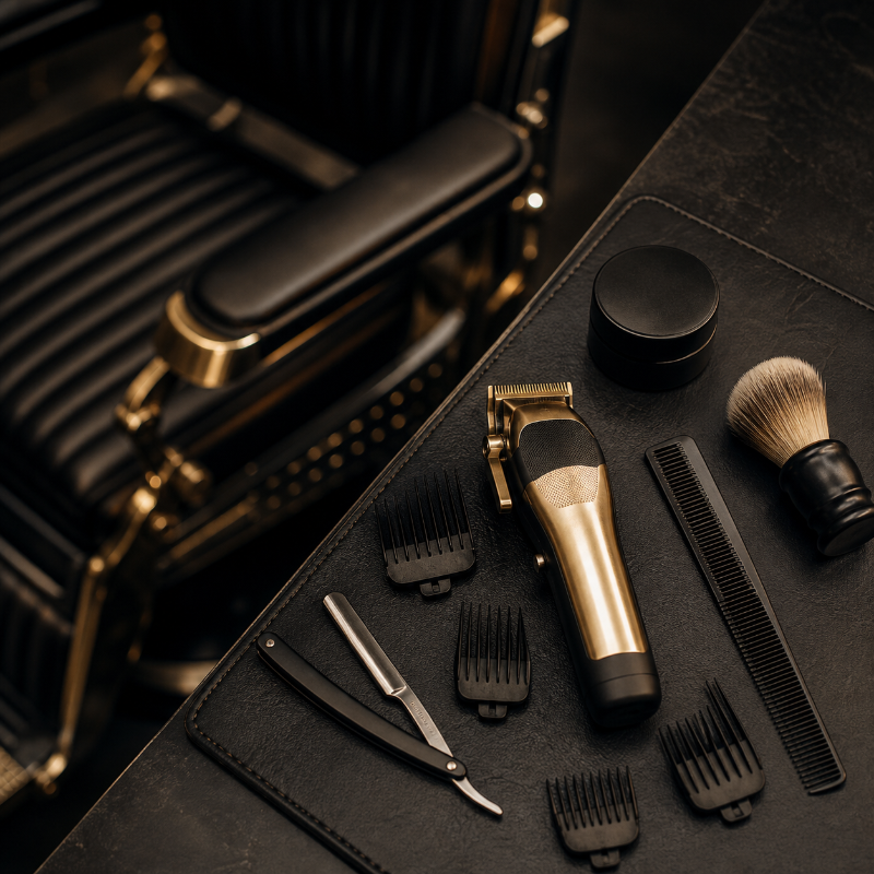 Barber tools and chair at Mayito Cutz