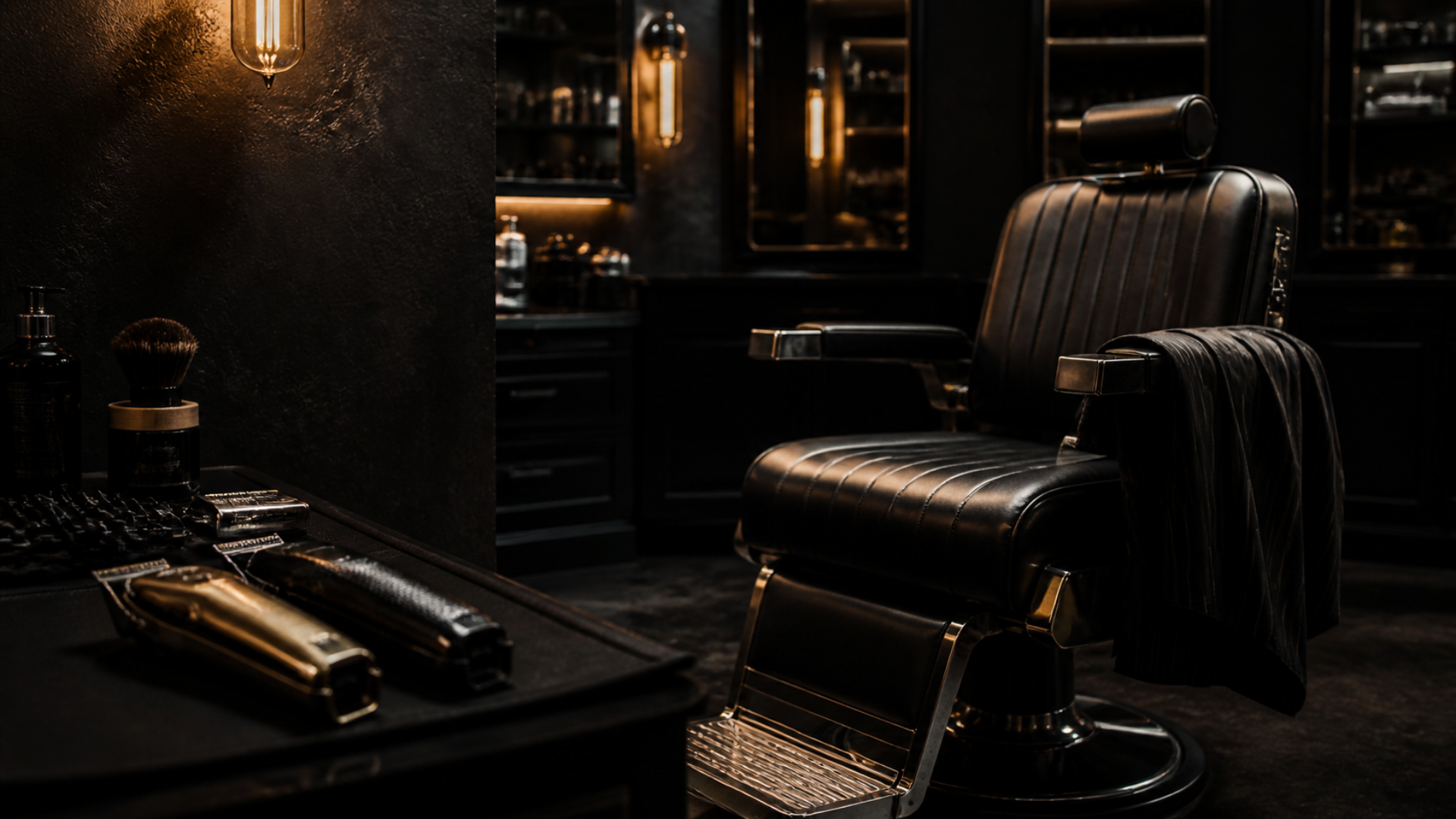 Barber at Mayito Cutz cutting hair in a dark, moody barbershop